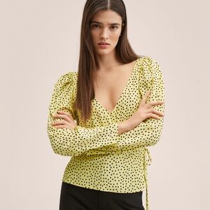 Mango polka dot yellow wrap blouse size small